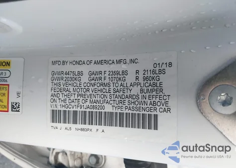 2018 Honda Accord Touring z USA, uszkodzony, nr VIN 1HGCV1F91JA089200